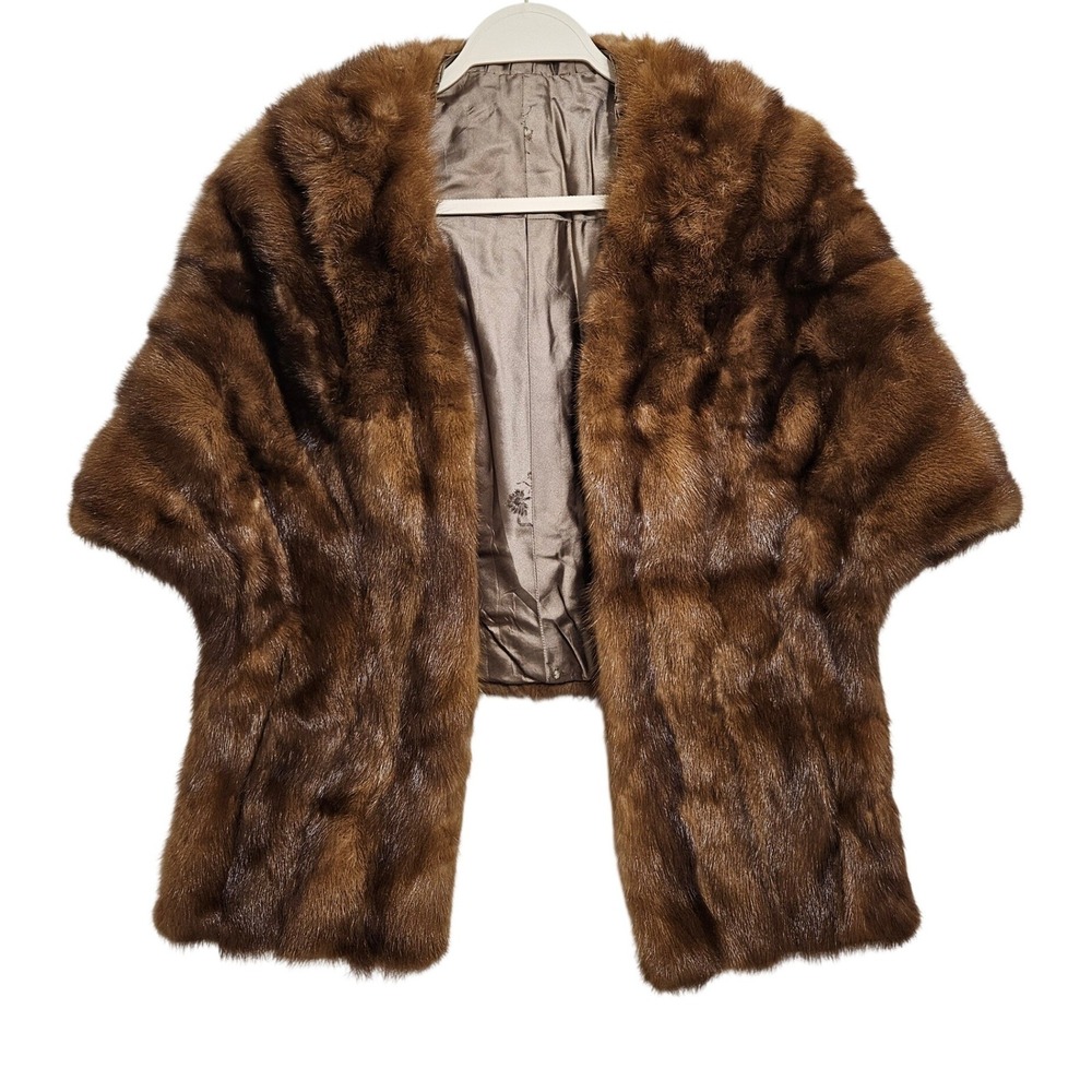 Vintage Mink Fur Wrap Shawl Collar 1950s Glam Old Money Satin Lining Brown